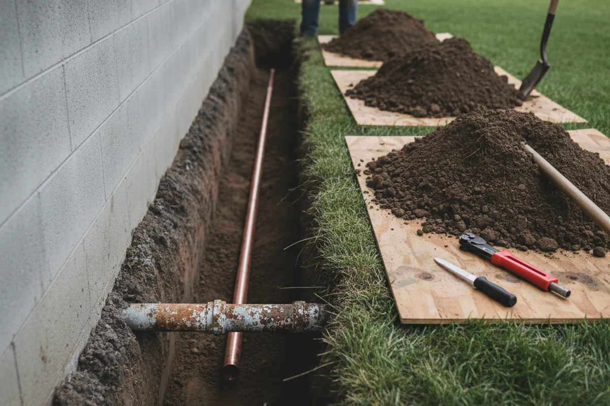 Excavated water line trench during Sewer Line Repair in Round Top